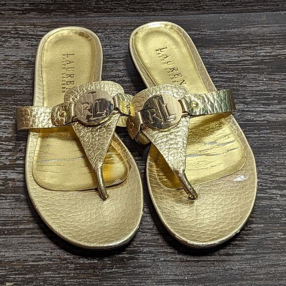 Ralph Lauren Women's Kalana Gold Flip Flop Dress Slip On Sandal Size 8B - Picture 2 of 6